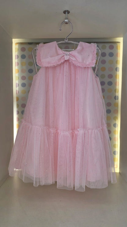 Vestido Infantil Rosa Gola Laço Petit Cherie