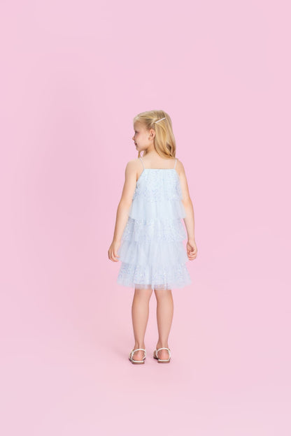 Vestido Infantil Azul Babados Paetê Petit Cherie