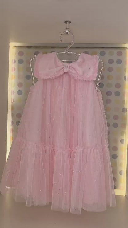 Vestido Infantil Rosa Gola Laço Petit Cherie