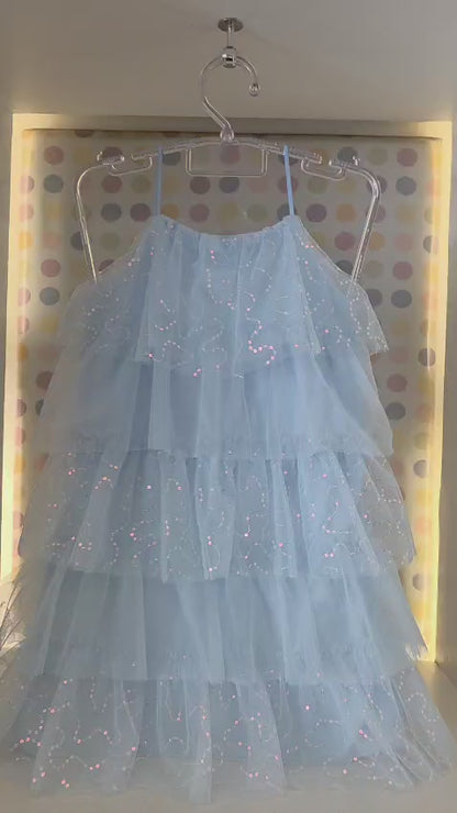 Vestido Infantil Azul Babados Paetê Petit Cherie