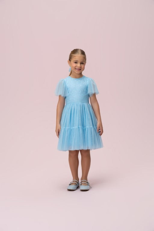 Vestido Infantil Azul Paetê Manga Petit Cherie