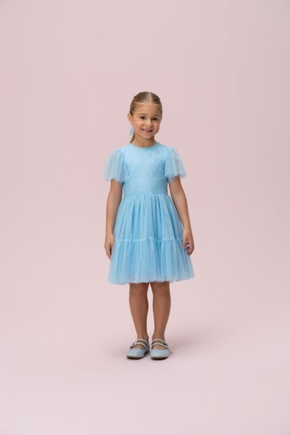 Vestido Infantil Azul Paetê Manga Petit Cherie