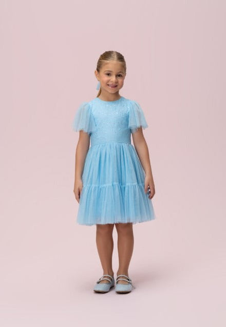 Vestido Infantil Azul Paetê Manga Petit Cherie