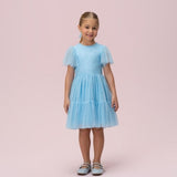 Vestido Infantil Azul Paetê Manga Petit Cherie