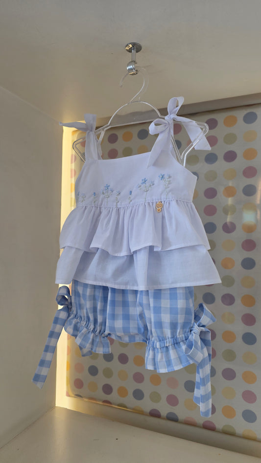 Conjunto Bebê Menina Short Xadrez Azul Buá
